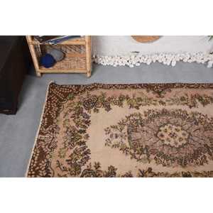 3.8x6.7 ft Vintage Rug, <b>Brown</b> Check Turkish Rug <b>Wool</b> - Product Image 5