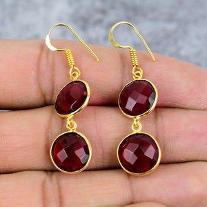 Boucles d'oreilles pendantes rondes en cristal grenat plaqué argent, style bohème fait main, tendance du moment, pour femme, idéales pour un anniversaire - Product Image 2