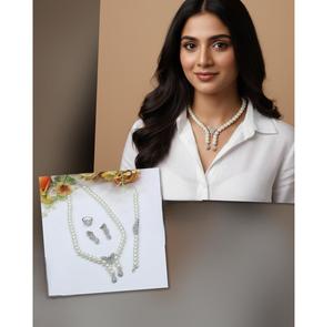 Conjunto de Collar con Perlas de Aspecto CZ y Acabado Plateado de Moda, con Aretes, Anillo y Brazalete para Fiesta, Colección Moderna para Mujer - Product Image 1