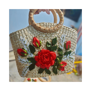 ถุงผักตบชวาขัดเส้นใยธรรมชาติที่มีขอบเสริมและแทรกผ้าสำหรับชุดชายฝั่งและทำธุระจากเวียดนาม - Product Image 6