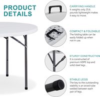 Table ronde pliante en HDPE de 6 pieds (72 pouces) pour 10 personnes, idéale pour les mariages, les banquets, les dîners, les événements, les fêtes, l'extérieur