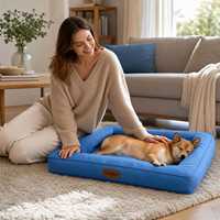 Coussin de lit pour animaux de compagnie en velours côtelé imperméable, rectangulaire, uni, lavable, bleu, pour chien et chat, pour salon, toutes saisons
