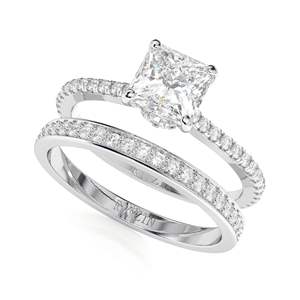 Princess Cut Diamond Hidden Halo con acentos Conjunto nupcial Anillo de bodas para mujer - Product Image 3
