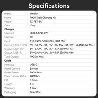 Chargeur GaN Vention 4 ports USB (C + C + C + A) (100W/100W/30W/30W) gris avec câble USB-C vers USB-C (1M) noir prise EU