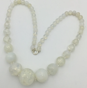 White Opaline Glass Large <b>Bead</b> <b>Necklace</b> With clear Crystal Discs and Sterling Silver Clasp Fringe Beaded Bandana - Product Image 2