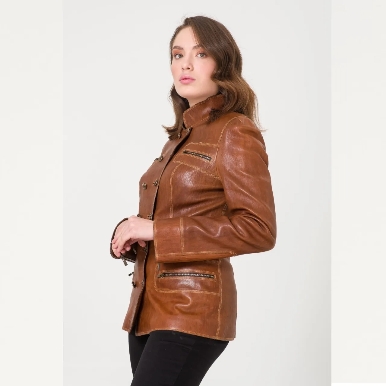 Genuine Cow Leather Luxurious Brown Leather Jacket Long Style Jacket For Ladies OEM Designs 2022