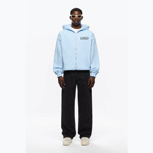 Sweat-shirts à capuche zippés en coton 100% de qualité supérieure bleu clair pour hommes, coupe régulière élégante, ensembles unisexes, logo personnalisé, respirant, séchage rapide, vêtements chauds d'hiver - Product Image 1