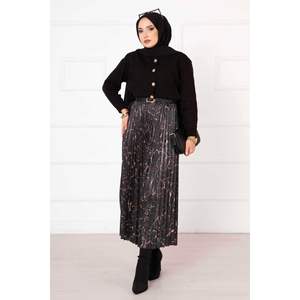 <b>Black</b> <b>Pleated</b> Digital Printed Gothskiirt Breathable Spandex Straight Midi Wrap <b>Skirt</b> with Sequined Ruffles XS Size - Product Image 2