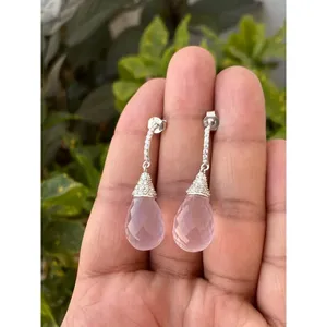 Boucles d'oreilles pendantes en argent 925 avec quartz rose, bijoux tendance pour femmes - Product Image 3