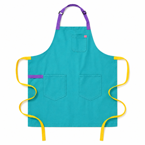 Delantal de cocina sin mangas color verde azulado con correa para el cuello morada y lazos amarillos, cintura ajustable, estilo sencillo, lona tejida. - Product Image 1