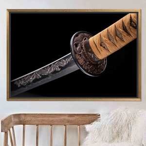 Tableau sur toile élégant avec épée de samouraï : impression de lame de katana, cadre doré, toile encadrée dorée - Product Image 1