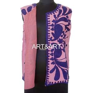 Indian <b>Women's</b> Pure Cotton O-Neck Short Winter Party Varsity Jacket Hand Embroidered Floral Suzani <b>Waistcoat</b> Autumn - Product Image 4