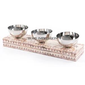 Juego de 2 cuencos de forma redonda de aluminio chapado en oro de alta calidad con cuchara y bandeja de mármol rectangular de proveedor indio - Product Image 3