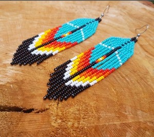 Beaded Feather American Style <b>Earrings</b> Seed Bead <b>Earrings</b> Fringe <b>Earrings</b> Long <b>Turquoise</b> Beaded <b>Earrings</b> Beadwork Jewelry - Product Image 1
