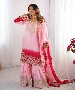 ชุด Sharara แบบปักสำหรับผู้หญิงมีเสื้อแฟนซีและ Dupatta เหมาะสำหรับงานเทศกาลและพิธีการ - Product Image 1