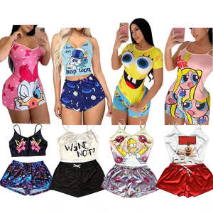 Conjunto de Pijama Casual de 2 Piezas para Mujer, Manga Corta, Diseño de Dibujos Animados, Tejido Elástico con Spandex, Cintura Elástica, Talla Única XL Disponible para Ropa de Casa de Verano - Product Image 1