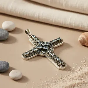 Colgante de Cruz de Plata 925 con Topacio Azul, Regalo Religioso, Hecho a Mano, con Patrón de Jesús, Colgantes con Dije de Oro Rosa y Platino - Product Image 3