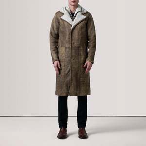 Distressed Brown Leather <b>Shearling</b> Overcoat Waterproof Hooded Long Winter <b>Coat</b> - Product Image 2