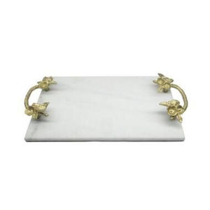 Plateau de service élégant et luxueux en marbre blanc avec poignées en métal doré et branche, fabriqué à la main pour mariage et décoration intérieure. - Product Image 3