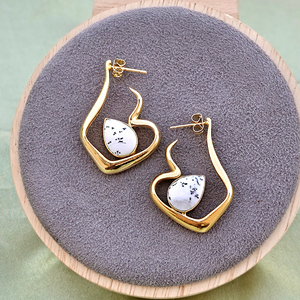 Boucles d'oreilles pendantes en forme de poire en opale dendrite naturelle, plaquées or 18 carats, en laiton, bijoux de mode pour femmes, accessoires en gros - Product Image 4