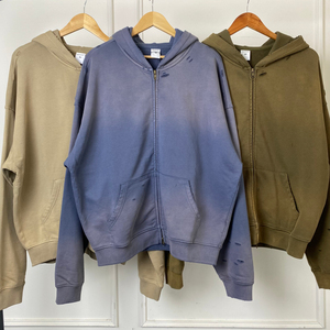 เสื้อฮู้ดดี้สตรีทแวร์ผ้าเฟรนช์เทอร์รี่เนื้อหนัก 420GSM แบบย้อมสีเอซิดวอช แต่งลายปักซันเฟด ซิปคู่ ปรับแต่งได้ สำหรับผู้ชาย (OEM) - Product Image 6