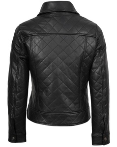 Luxury Womens Black Genuine Leather Woven <b>Quilted</b> Zipper Slim Fit Textured Designer Biker Jacket Crew Neck Premium Custom OEM - Product Image 3