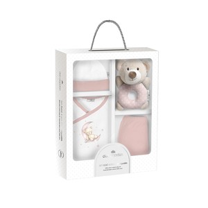 Mod. Conjunto Oso de 4 Prendas para Recién Nacido (0-6 Meses) 100% Algodón, Patrón de Cartón Rosa, Gorro, Camisa, Sonajero y Pantalones - Product Image 1