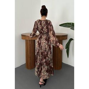 Vestido Marrón Brillante con Cinturón - Marrón - Product Image 6