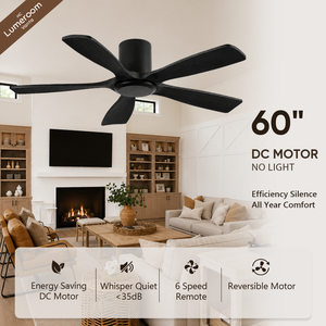 60 Inch Black Ceiling Fan Without <b>Light</b>, 5 Solid Wood Blades, Flush Mount Design, Reversible DC Motor for Bedroom - Product Image 1