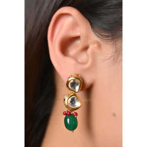 Kundan <b>Necklace</b> with Emerald Color Stone Beading <b>Gold</b> Plated Fine Jewelry Set Featuring Copper Diamond <b>Pearl</b> Zircon for Gift - Product Image 4