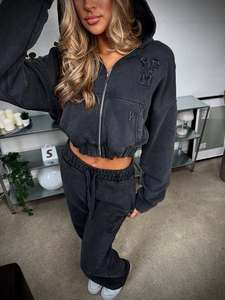 2025-26 Casual Women Hooded Two Piece Set <b>Crop</b> <b>Top</b> Zipper Jacket Coat Long Pants Sportsuit Matching Set Clothes for Women Outfit - Product Image 5