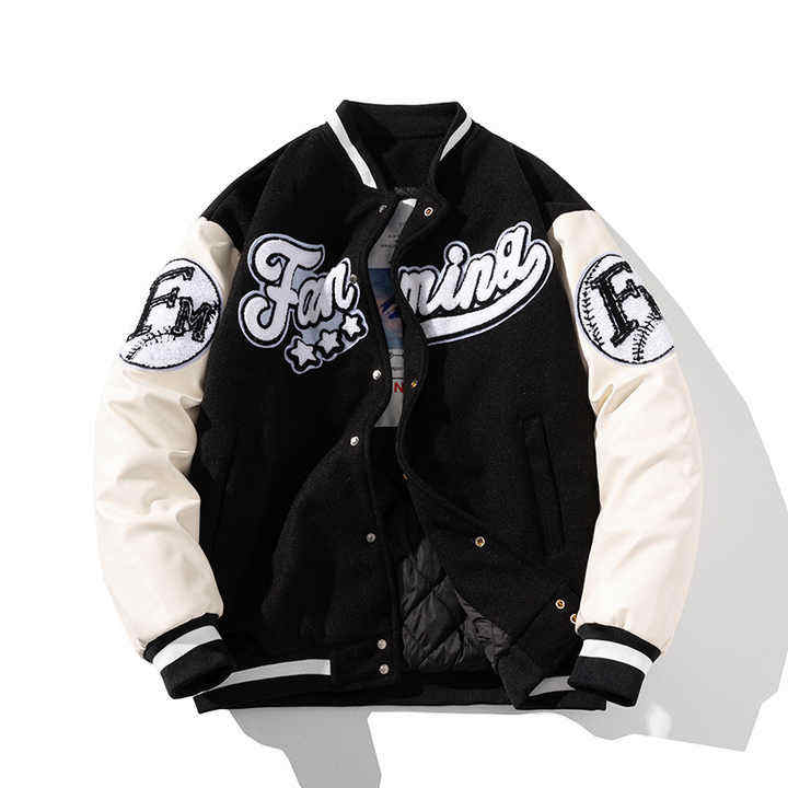Customized Men's Street Style Baseball Bomber Jacket Varsity Casual Jackets  with Leather Sleeves and Stand Collar Patch Detail
