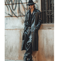 Manteau long en cuir véritable pour homme, tissu en laine, simple boutonnage, boutons en corne, 100% rembourrage en duvet, manteau écologique