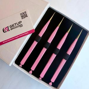 Ensemble de 4 pinces à cils personnalisées avec logo rose, pointe dorée, acier inoxydable, grille diamantée, anti-magnétique, anti-statique, 10 mm - Product Image 5