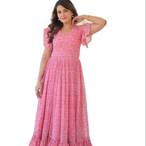 M À XXL Taille Cloche Manches Motif Faux Georgette Avec Numérique Imprimé Léger D'été Confort Fantaisie Maxi Kurti Ensemble Pour Les Femmes - Product Image 1