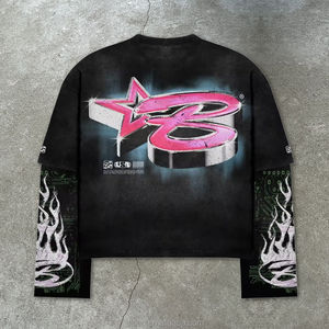 Camiseta de Manga Larga con Estampado Gráfico 3D en Negro Deslavado, Estilo Urbano Extragrande para Hombre, Estampado de Estrella Grande en la Espalda, Patrón de Lengua y Dientes en la Parte Delantera - Product Image 5