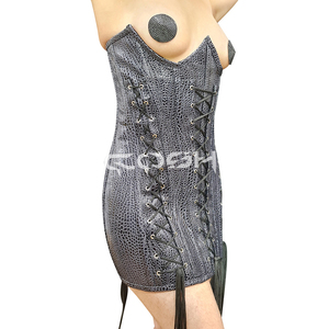 Robe corset en PVC à texture peau de serpent gris avec design à lacets sur le devant et sur les côtés |   Fournisseur de Corsets OEM/ODM - Product Image 3