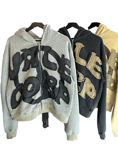 Traje de chándal personalizado bordado desgastado holgado con cremallera para correr Sudadera con capucha y pantalones de chándal conjunto chándal acampanado para hombres - Product Image 3