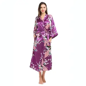 Qualidade Premium Silk Satin Kimono Robes Long Sleepwear Vestir Vestido Floral Pavão Impresso Padrão Partido Casamento Dama de honra B