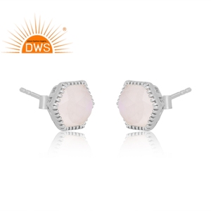 Best Quality Sterling Silver Natural Rainbow <b>Moon</b> Stone Gemstone Hexagonal Design Stud <b>Earring</b> Custom Jewelry Manufacturer - Product Image 2