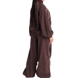 High Quality 100% Cotton Fleece Women's Hoodies Brown <b>Zip</b> <b>Up</b> Tracksuit Set <b>White</b> Piping Jacket And Elastic Waist Drawstring - Product Image 2
