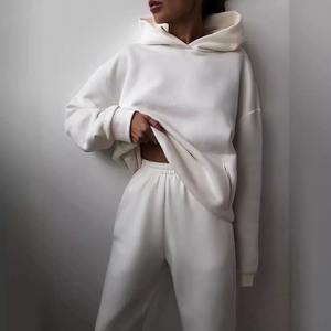 2024 femmes nouveau Style hiver survêtement solide épais à capuche à manches longues sweats taille élastique deux pièces pantalon ensembles grande taille - Product Image 2