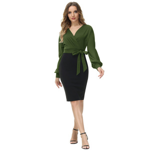 Grace Karin <span class=keywords><strong>Robe</strong></span> à col en V à manches longues et crayon de couleur contrastée pour femmes <span class=keywords><strong>Robe</strong></span> de <span class=keywords><strong>cocktail</strong></span> pour invités de <span class=keywords><strong>mariage</strong></span> pour le travail de bureau - Product Image 2