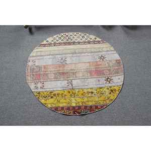 Alfombra Turca Vintage de 3.4x3.4 pies, Alfombra Redonda, Alfombra Amarilla Estilo Suroeste - Product Image 3