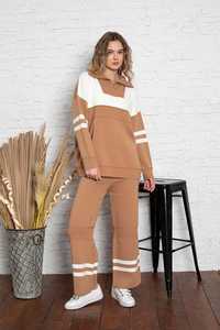 Conjunto de dos piezas de gran tamaño con cremallera a rayas de punto para mujer de alta calidad, ropa informal, ropa de oficina, conjunto de pantalones y suéter - Product Image 4