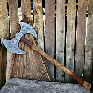 Hache à double lame en acier Damas de qualité industrielle, personnalisable en gros (OEM/ODM), pour la chasse, le camping et la coupe - Product Image 1