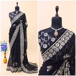 Couleur noire Belle Georgette Saree avec paillettes et travaux de broderie, saree Wedding Wear, saree Designer Party Wear. - Product Image 3