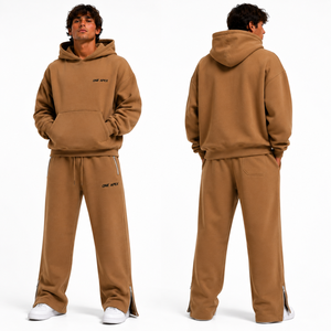 Ensemble de survêtement Premium ONEAPEX SPORTS WEAR pour homme, sweat-shirt oversize camel marron et pantalon de survêtement à bas ouvert, coton lourd, été - Product Image 2