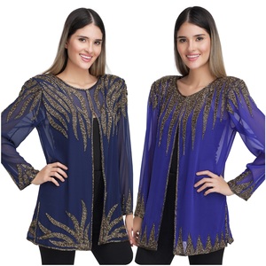 Minuit Luxe argent or broderie à la main perles Kimono court devant ouvert Designer veste femme vêtements fête soirée tenue de club - Product Image 1