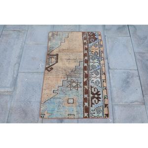 Alfombra Vintage de 2x3.1 pies, Alfombra Turca Pequeña, Alfombra Floral Azul Marrón - Product Image 1